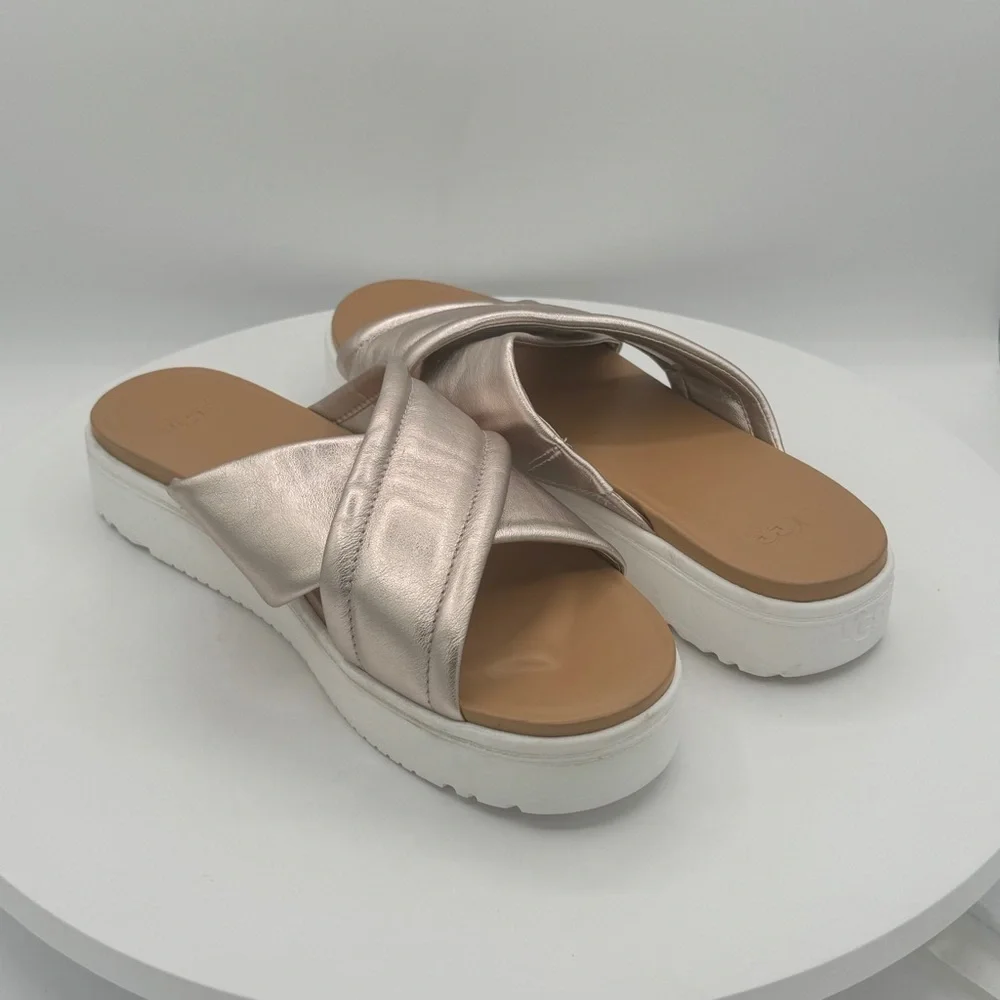 UGG Zayne Gold Crossband Slide On‎ Leather Women Sandals Size 9.5